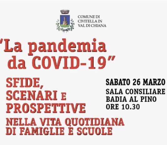 “La pandemia da Covid-19: scenari, sfide, prospettive nella vita quotidiana di famiglie e scuole”: conferenza a Badia al Pino nell’ambito delle iniziative promosse dal Comune di Civitella in occasione della Giornata della Donna